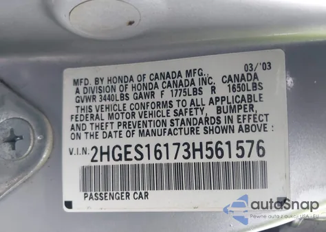 2003 Honda Civic Dx from USA, damaged, VIN 2HGES16173H561576